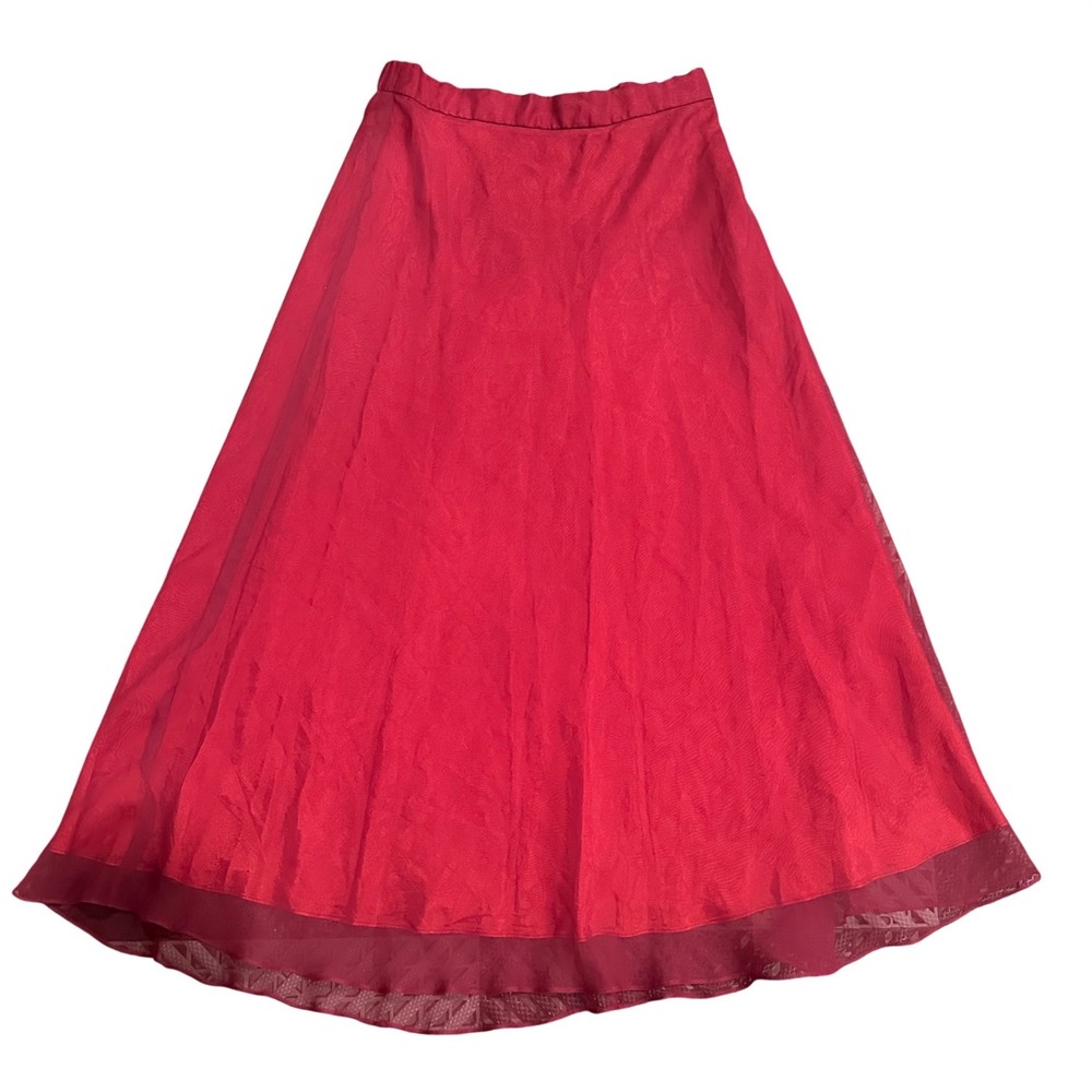 Vintage Crimson Red A-Line Midi Skirt Sheer Double Layer Hem Petite 10